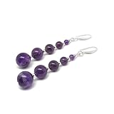 THEPRETTYBITS Purple Amethyst Beaded Earrings, Long Dangle Drop, Graduated Crystal, Natural Gemstone, Sterling Silver Hooks, Handmade Boho Chic Chakra Retro Statement (Purple Amethyst)