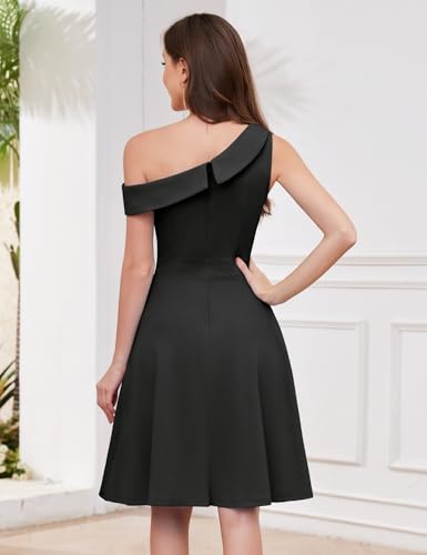 Dressystar Women One Shoulder Ruffle Cocktail Fall Dress A Line Wrap Wedding Guest Formal Knee Length Dresses with Pockets3