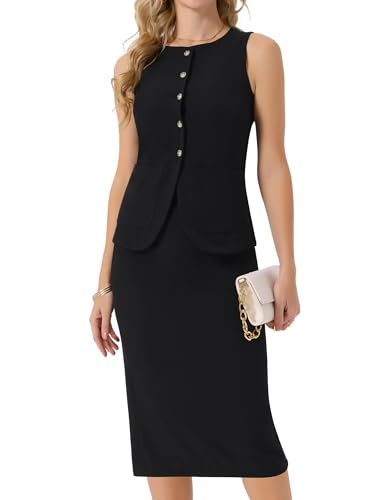 Seta T Women's Summer 2 Piece Suit Skirt Set Business Work Set Button Down Sleeveless Vest Blazer and Pencil Skirt
