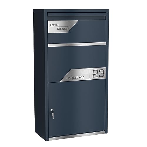 Graviers Design Paketbriefkasten personalisiert freistehend - pulverbeschichteter Stahl mit Edelstahl Namensschild Gravur - Briefkasten Rückholsperre Postbox für Pakete Briefe Paketbox Design 7