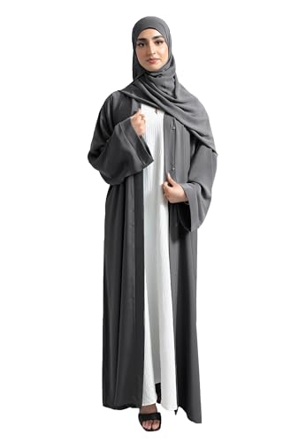 Rahma Stylish Premium Nida Fabric Abaya Open Front with Wide Sleeves and headscarf for women and young girls (DARK GREY X SMALL)