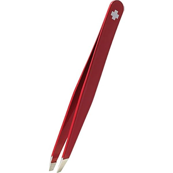 Rubis Switzerland Swiss Cross pęseta – ukośna, cienka i spiczasta ze stali nierdzewnej – pęseta do wyrywania brwi – ukośna końcówka do usuwania włosów – czerwona