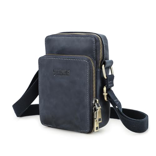 Hiram Authentic Leather Vintage Style Smartphone Bag for 6.7-inch Phones - Adjustable Strap, Top-Grain Leather (Blue)