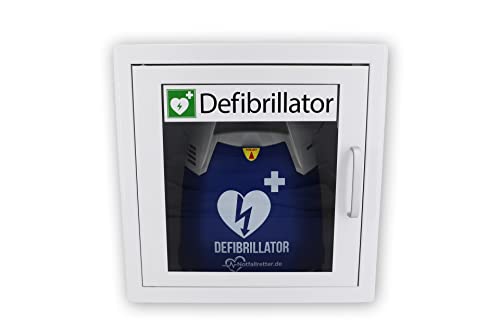 Notfallretter.de® Defibrillator AED Basic, vollautomatische Schockauslöung, HLW-Unterstützung, inkl. Metallwandkasten und AED Standortwinkel Cover
