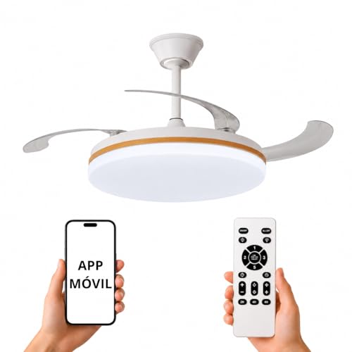 NARVI Ventilador de Techo Blanco y Madera Haya con Luz LED 45W Regulable, Motor DC Silencioso de Bajo Consumo, Lámpara Ventilador con Mando, 3 Aspas Retráctiles, RONDA 1661 WDN