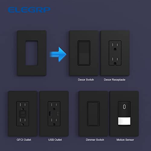 Image of ELEGRP 1-Gang Screwless Decorative Wall Plates, Mid-Size Unbreakable Thermoplastic Faceplate Cover for Decorator Receptacle Outlet Switch, UL Listed (20 Pack, Matte Black)