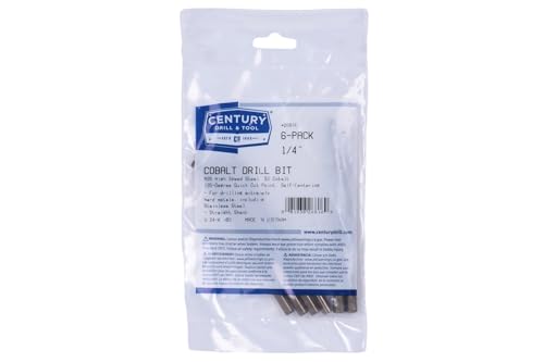 Image of Century Drill & Tool 26816 Cobalt Drill Bit, 1 /4 inch, Pro Pack of 6 | Straight shank, 135 point, cuts stainless steel, hard metals & metal, 135 split point, heat-resistant coating