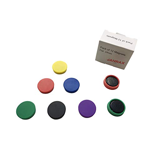 Pack of 72 Strong Assorted Coloured Round Flat Magnets - 24mm Whiteboard Office Fridge - by Janrax