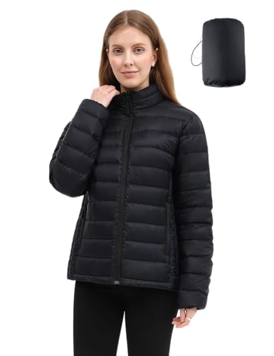 TAIXR Packable Puffer Jacket Women Lightweight Stand-collar Full Zip Quilted Padded Water-Resistant Winter Fleece Coat Black-M