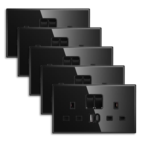 CNBINGO Double Switched Socket with 20W PD USB C and A Fast Charging Ports, Electric Power Sockets 2 Gang 13 Amp, Wall Outlet Black Tempered Glass Panel, 5 Pack