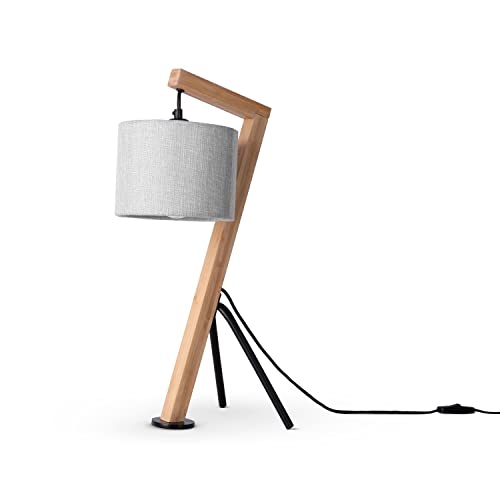 Paco Home Tischlampe Holz Nachttischlampe Schreibtischlampe Retro E27 Fassung Tischleuchte Wohnzimmer Vintage Stoff Lampenschirm Leselampe Modern