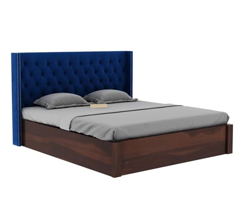 Image of LOGAN Upholstered Sheesham Wood King Size Bed with Box Storage 78x72 | Solid Wood Bed with Storage | Wooden Bed King Size Cot Double Bed with Storage for Bedroom Home |Walnut Blue
