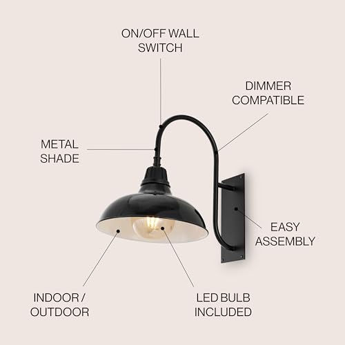 Image of JONATHAN Y 12.25 inch Black 1-Light Farmhouse Gooseneck Outdoor Wall Sconce Lamp, with Black Metal Bowl Shade, Industrial Iron LED Porch Light for Patio Garage Entryway (JYL7614B)