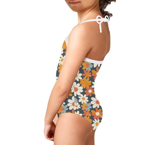 Image of KiuLoam Orange Pink Tropical Leaf Girls One Piece Swimsuit Quick Dry Beach Swim Bathing Suit for 3-8 Years Little Girls