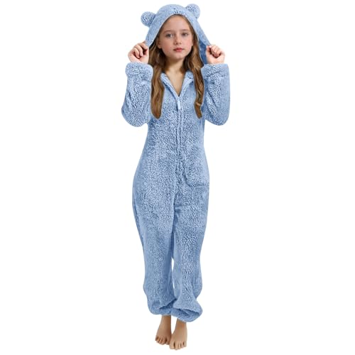 Image of Blue Girls Fleece Zip Up Jumpsuits Hooded Warm Children Winter Clothes Rompers Onesie Sherpa Fuzzy Cute Soft Bed Jumpsuit Hoodies Comfy Nightwear 13-14 Years