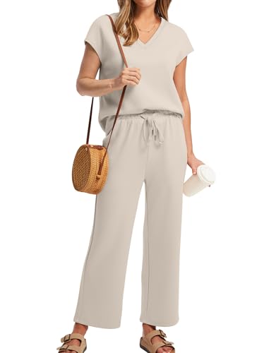 Image of Saloogoe Two Piece Sets for Women Summer Outfits Lounge Sets V Neck Tops Wide Leg Pants Woman Vacation Travel Outfits