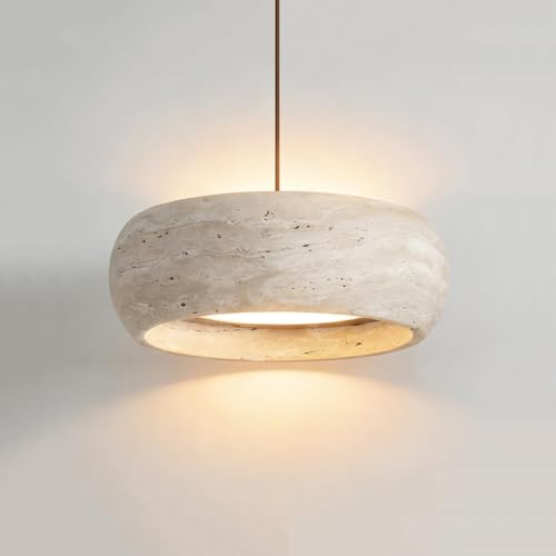 BFFGKGL Nordic Mid Century Yellow Travertine Bedside Pendant Light Modern Minimalist Natural Stone Kitchen Island Hanging Lamp Creativity Drum Dining Room Chandelier for Bedroom Farmhouse Bar Counter
