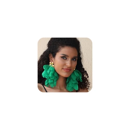Bohemian Flower Drop Dangle Earrings Flower Earrings for Women Exaggerated Big Earrings Fabric Floral Dangle Earrings for Women (Green)