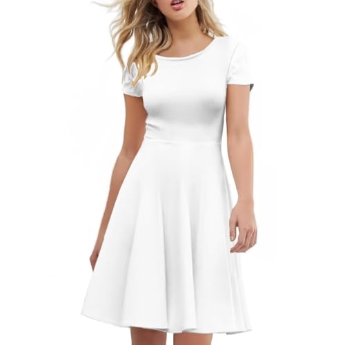 Image of POLERO Women Puffy Swing Elegant Party Midi Dresses Short Sleeve Round Neck A-Line Dress
