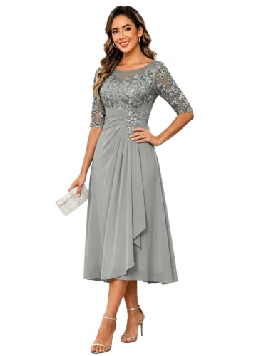 RLGIZCR Silver Elegant 3/4 Sleeve Round Neck Lace Mother of Bride Midi Dress Appliqued Bodice Flowy Chiffon Guest Gown