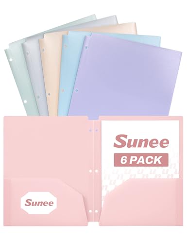 SUNEE 3 Hole Pocket Folders (6 Pack Pastel Color) Plastic Pocket Folders for 3 Ring Binder 3-Hole Punched Folder with Pockets for Kids Students Teachers Office Staff