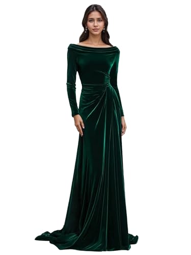 Dansiuey Velvet Emerald Green Bridesmaid Dresses Long Sleeve Floor Length Maxi Formal Evening Gowns for Women Winter Size 10