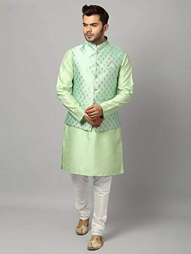 Image of Uri and MacKenzie Men's Silk Blend Kurta Churidar Pyjama with Stylish Nehru Jacket
