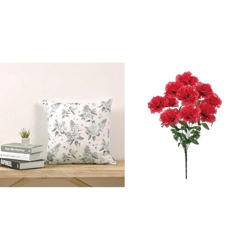 【母の日セット品】クッションカバー 45×45cm 北欧 おしゃれ かわいい 2枚セット 綿100% 花柄 植物 ライラック モノクローム W3504300 +東京堂(Tokyodo) マリーカーネーションブッシュ セット