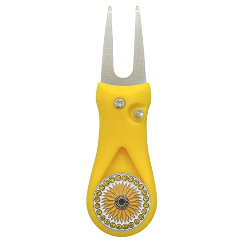 Giggle Golf Yellow Plastic Divot Repair Tool with Metal Bling Sunflower Golf Ball Marker | Foldable Switchblade Divot Tool