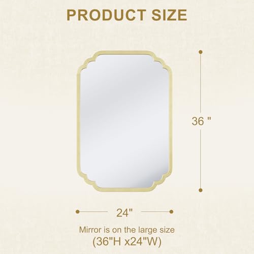 Gold Scalloped Wall Mirror 24"×36" - Modern Minimalist Ornate Rounded Corner Rectangular Decorative Mirror with Metal Frame for Bathroom Vanity, Over Sink, Entryway, Fireplace, Living Room, Hallway — view 6