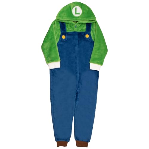 Nintendo Super Mario Brothers Boys Long Sleeve Onesie Zip Coverall with Hoodie Luigi Cosplay Zip Up Onesie for Kids (Green and Blue Size 7)