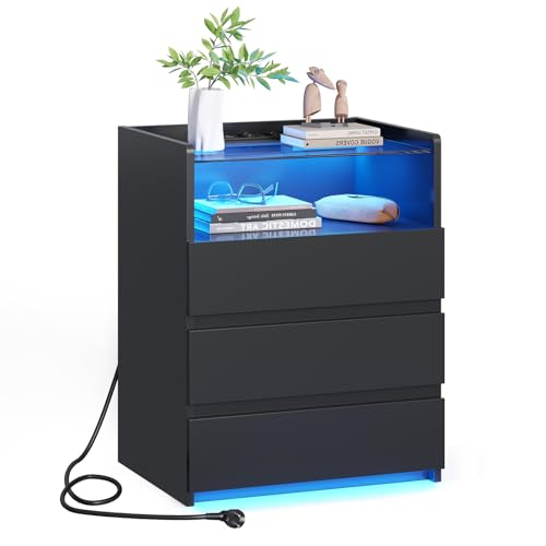 Nachttisch mit Steckdosenleiste Nachtschrank mit Sichtbarer Glastischplatte,3 Schubladen und 1 Fach,Beistelltisch mit LED-Beleuchtung,Modern Sofatisch...