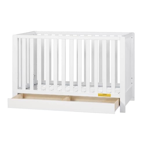 Image of Pemberly Row Contemporary 4-in-1 Convertible Crib with Drawer, Sustainable Pine Wood, White Finish, Adjustable Mattress Height, Modern Nursery Furniture, Converts to Toddler Bed, Daybed, Full-Size Bed