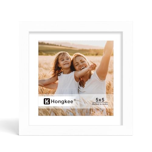 Hongkee 5x5 Picture Frame Made of Solid Wood with Real Glass Display Pictures 4x4 with Mat or 5 x 5 without Mat - Wall and Tabletop (White 1 Pack)