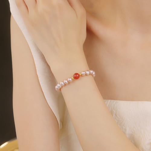 4.5/6.5mm Pearl Bracelet 18K Gold Bead Pink Purple Freshwater Pearl Stretch Beaded Bracelet Red Agate Bead Bracelet for Women Lady 6.7"/17cm3