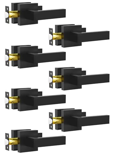 RAZCC Passage Door Lever, 7 Pack Matte Black Interior Door Handles for Hallway and Closet, Heavy Duty Square Interior Keyless Door Handles Non-Locking Door Knobs for Right & Left Side Door
