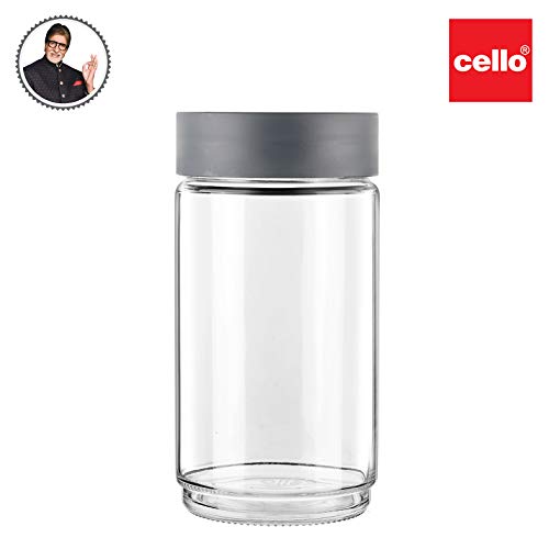 Image of CELLO Modustack Glassy Storage Jar | Glass Jar with Lid | Air Tight Steel Lid and Stackable | For Storage of Food, Pulses, Spice, Cereals, Cookies, Dry Food | 2000ml, Grey (Pack of 2)