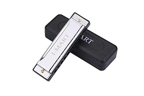 I-MART Blues Harmonica, 10 Hole Key of C Diatonic Harmonica, Easy to Play for Beginners, with Case (Sliver)