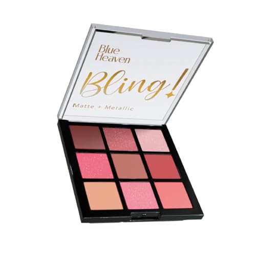 Image of Blue Heaven Bling 9 in 1 Eyeshadow Palette | Highly Pigmented and Easily Blendable Eye Makeup | Matte & Metallic Shades | Long Lasting and Lightweight | Kiss of Blush, 9g