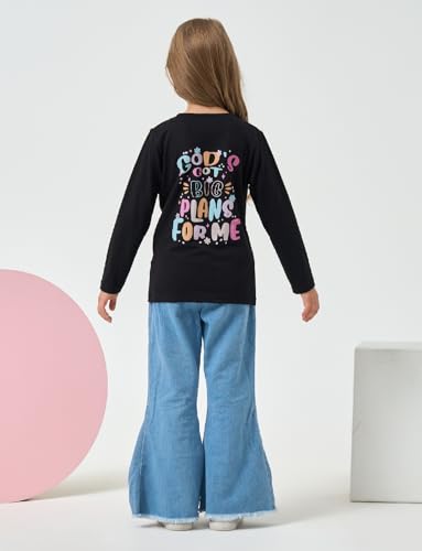 Image of Toddler Girl Clothes Long Sleeve Cartoon & Letter Graphic Top + Fruit Stationery Print Flared Leg Pants