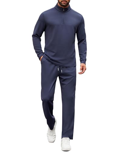 COOFANDY Men's Tracksuits 2 Piece Quarter Zip Sweatsuits Casual Athletic Jogging Long Sleeve Track Suits Set, Navy Blue, L