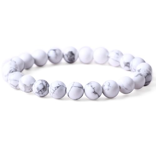 FORBY 8mm Natural White Turquoise Crystal Bracelet Handmade Round Beads Stone Semi Precious Healing Gemstones Beaded Stretch Bracelets for Women Men Anxiety Energy Gift 7.5\"