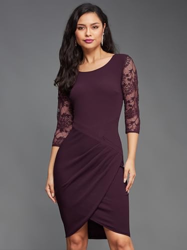 Image of Miss Chase Womens Bodycon Square Puff Sleeve Solid Lace Overlaid Ankle Length Dress
