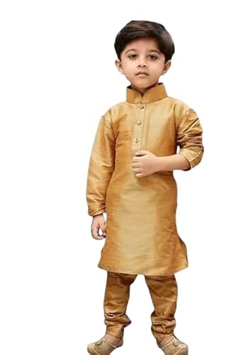 Dupion Silk Ethnic Kids Boys Kurta Set_Rna_coord014_8-9 Years,golden