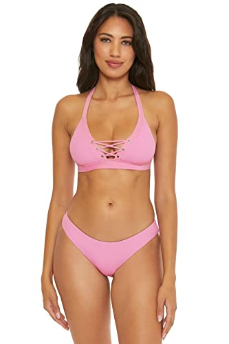 BECCA by Rebecca Virtue Modern Edge - Women's Halter Bikini Top, Adjustable, Tie Back, Swimwear Separates for Women, Rosy, Small