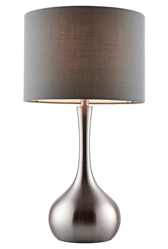 Satin Nickel Touch Dimmable Table Lamp with Dark Grey Fabric Shade