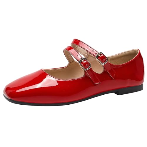 Optigard Women's Patent Leather Mary Jane Flats Comfortable Square Toe Adjustable Double Strap Flat Dress Shoes