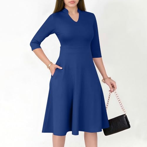 Women's Semi Formal A-Line Casual Dress, 3/4 Sleeve V-Neck Church Work Dresses Solid Color Basic Outfits with Pockets2