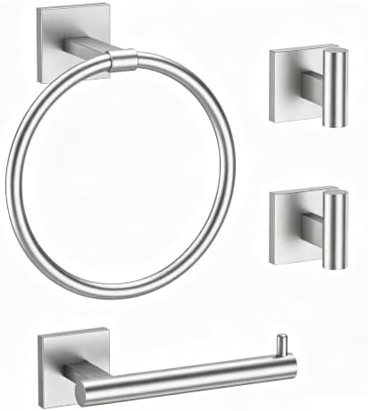 RchDhony Brushed Nickel 4-Piece Bathroom Hardware Set, SUS304 Stainless Steel Wall Mounted Bathroom Accessories Kit, Towel Holder Set Includes Towel Ring, Toilet Paper Holder and 2 Robe Hooks