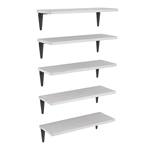 bracketed shelves - Wallniture Assisi White Floating Shelves for Wall, Wood Wall Shelves for Kitchen Organization and Storage, Wall Shelf Set of 5